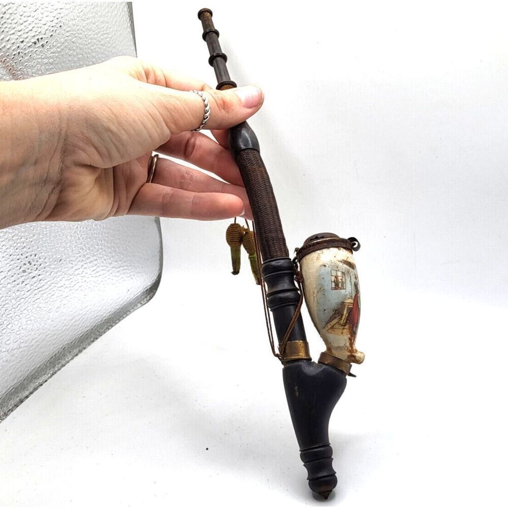 Antique Ceramic Pipe Mid 19th Century Wood Base 11.5 in tall